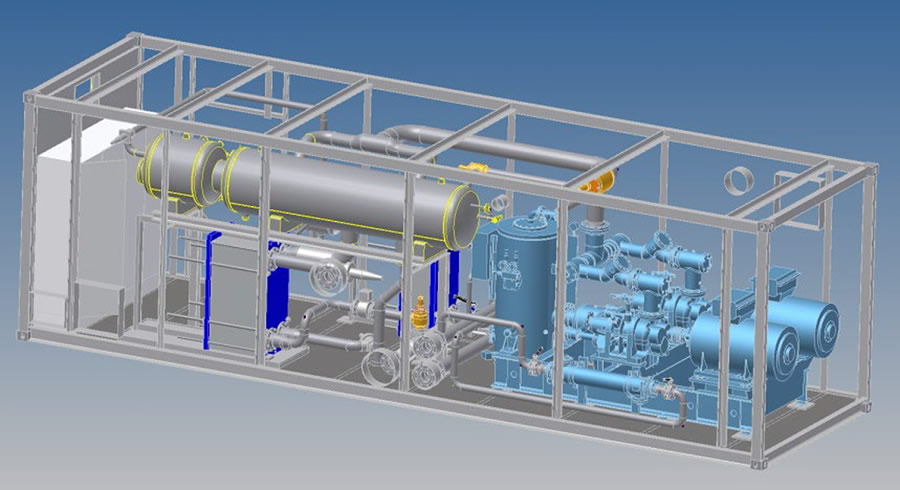 3D Zeichnung Kaskadenkälteanlage mit Soletemperaturen bis Minus 45 Grad Celsius